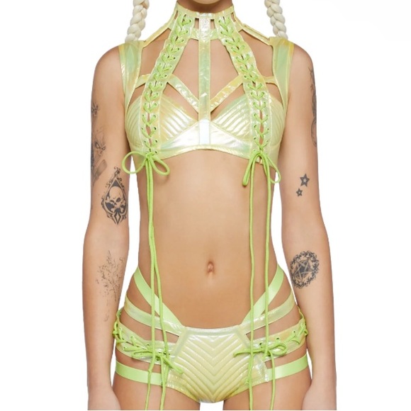 CLUB EXX Rude Awakening Neon Green Lace Up Booty Shorts Rave Bottoms Size XL - Picture 9 of 9